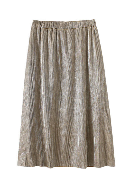 

Elastic Waist Plain Midi A-Line Pleated Skirt, Gold