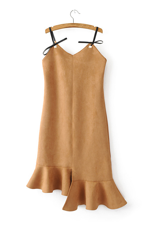 

Special Asymmetric Ruffle Hem Sleeveless Spaghetti Straps Plain Cami, Apricot