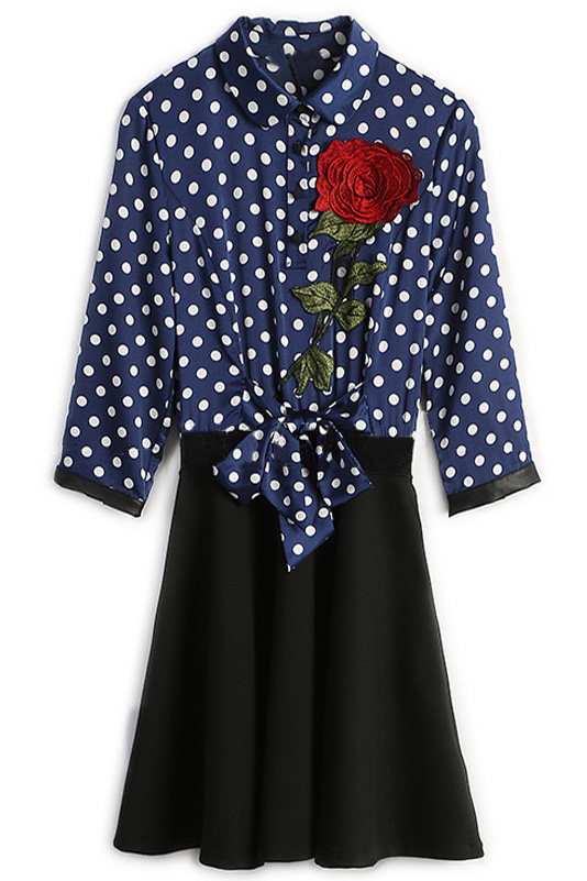 

Polka Dot Printed Rose Embroidered Lapel Collar 3/4 Sleeve Tie Waist, Navy