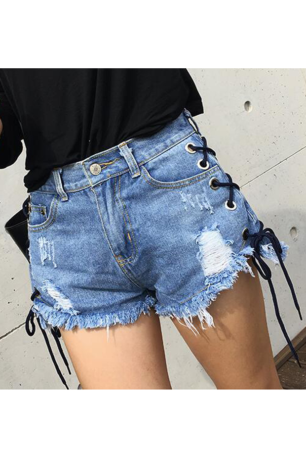 

Lace Up Side New Fashion Fringe Trim Ripped Summer's Denim Shorts, Blue