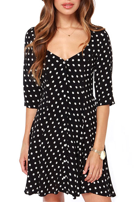 

Polka Dot Print 1/2 Sleeve Dress with Cutout Back, Black