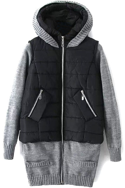 

Hooded Knit Patchwork Zipper Long False Two-Piece Padded Coat, Black