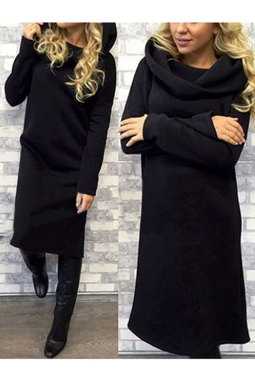 

Fashion Hooded Plain Long Sleeve Sheath Midi Dress, Black