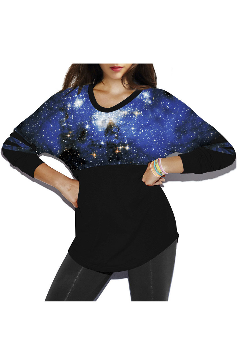 

Blue Galaxy Print Fashion Round Neck Pullover Batwing Sleeve Women's, Black