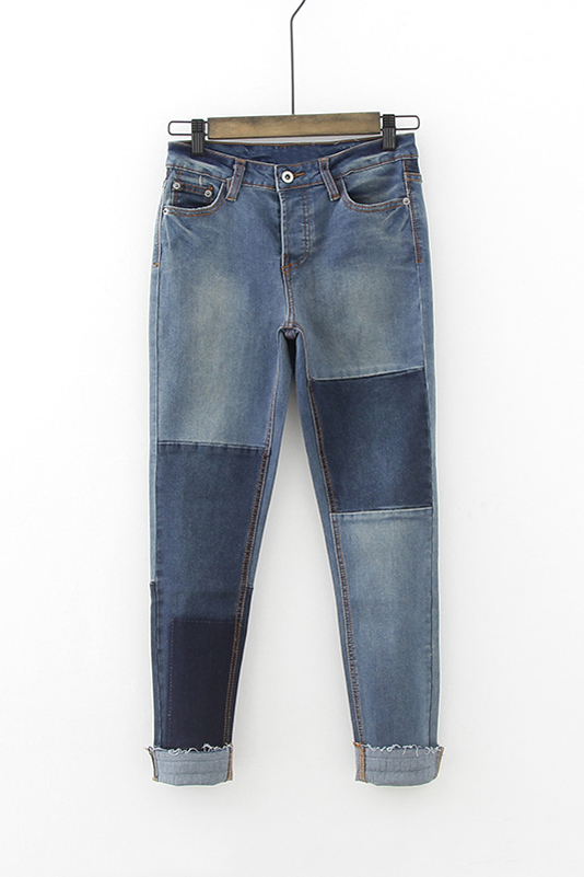 

Women's Mid Waist Patchwork Skinny Jeans, Blue