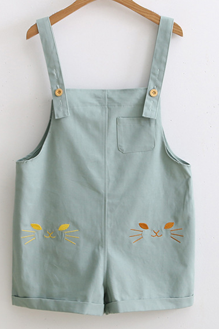 

Cute Cat Embroidered Adjustable Straps Leisure Overalls with Pockets, Blue