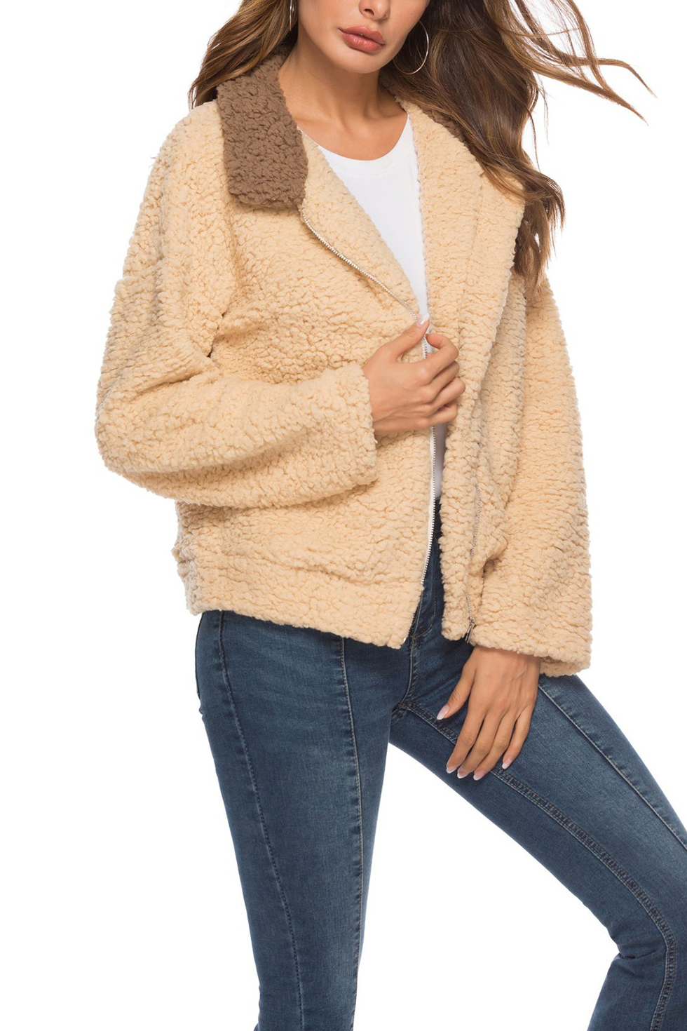 zip up fluffy faux fur winter coat