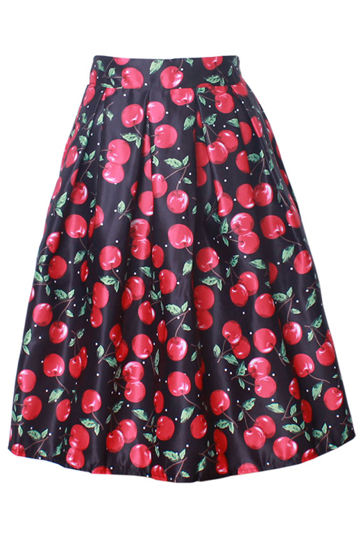 

Women's Printed Pleated Flared Midi Skirt, Black