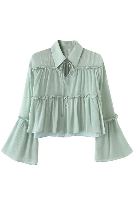 

Fresh Ruffle Bell Long Sleeve Lapel Tied Neck Plain Pleated Blouse, Green