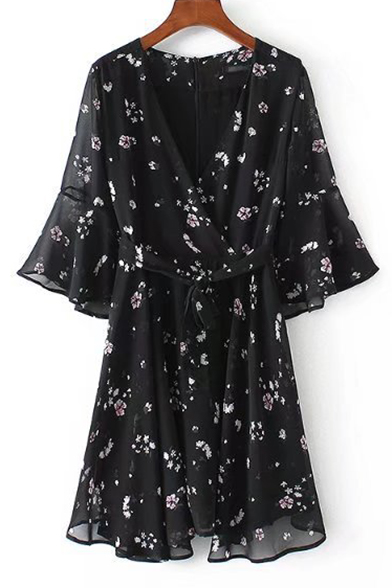 

Floral Print Wrap V Neck Flared Sleeve Ribbons Waist A-Line Mini Dress, Black