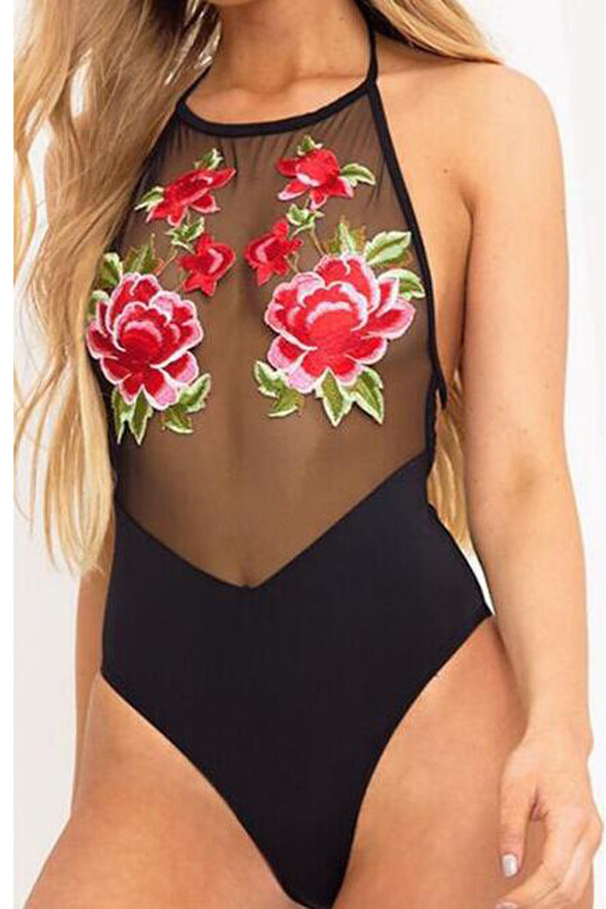 mesh floral embroidered lace trim monokini