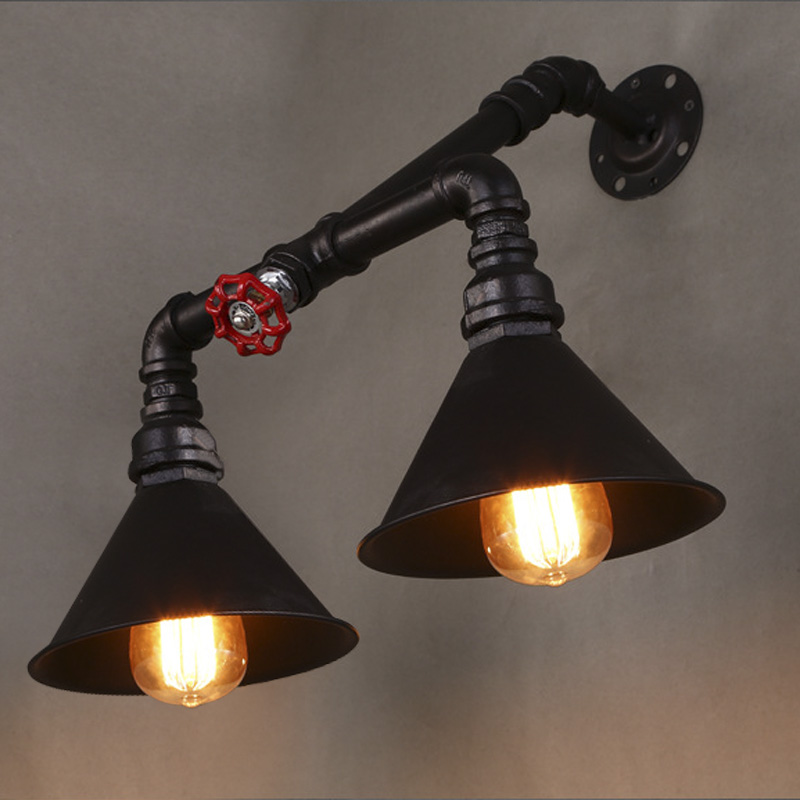

Mottled Rust Iron 2 Light Pipe Wall Sconce with Red Valve