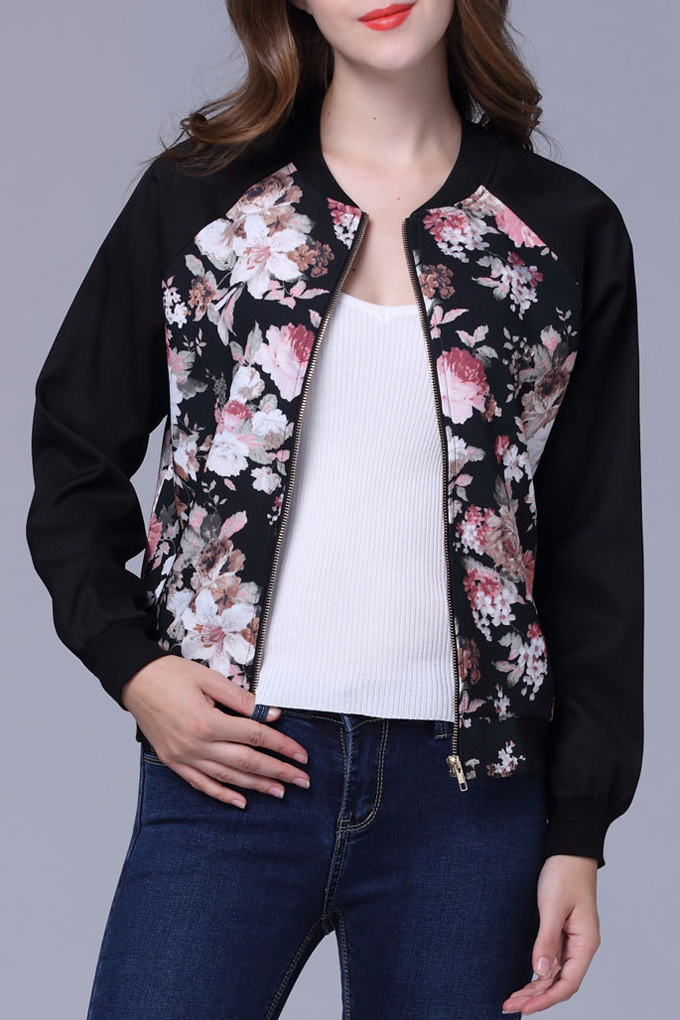 

Floral Print Zipper Placket Collarless Bomber Jacket with Long Sleeve, Black