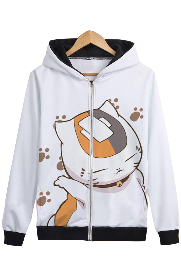 

Comic Cartoon Cat Printed Long Sleeve Casual Leisure Zip Up Hoodie, White