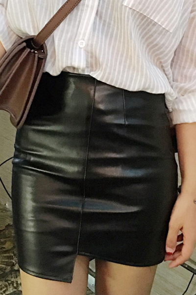 

High Waist Plain Asymmetrical Trim Mini Bodycon PU Skirt, Black