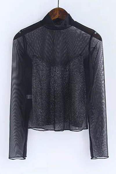 

Women's Sexy Sheer Long Sleeve High Neck Cropped Top, Black
