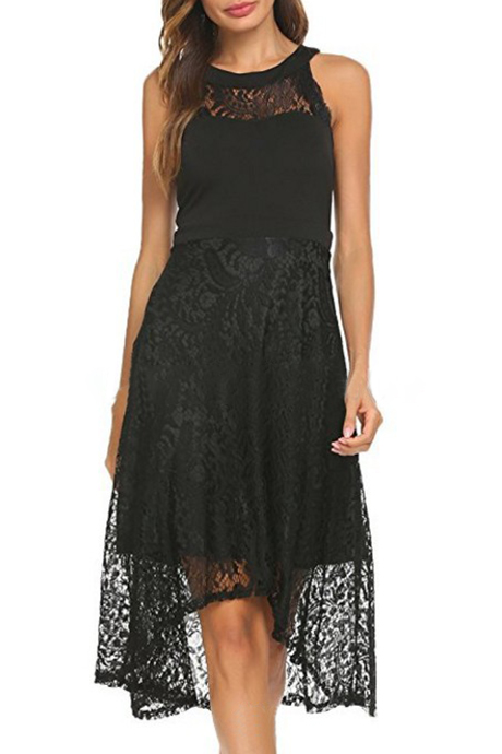 black lace panel sleeveless high low dress