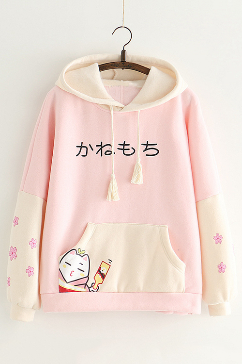 color block japanese wave printed long sleeve leisure hoodie