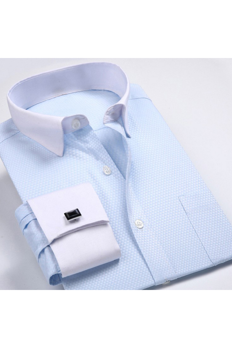 Formal Light Blue Floral Twill Stripe Dress Shirt Business Contrast French Cuff