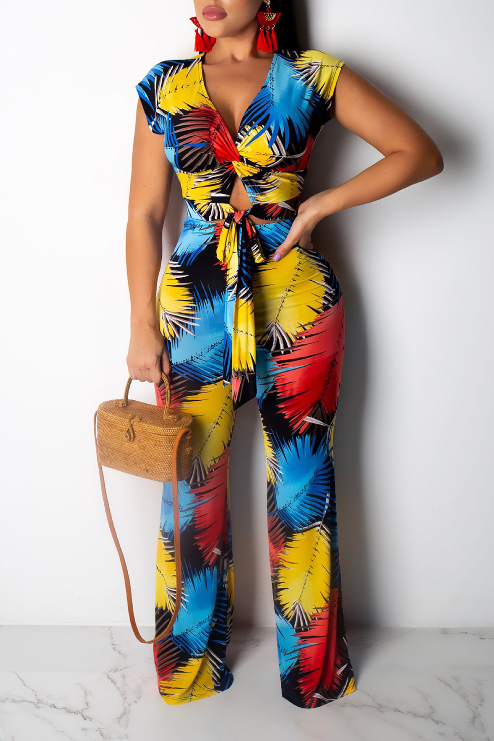 palm leaf print plunge belted wide leg jumpsuit