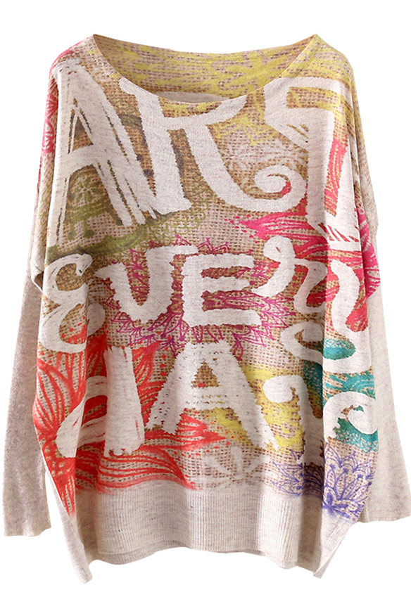 

Mural Letter Print Loose Sweater, Beige