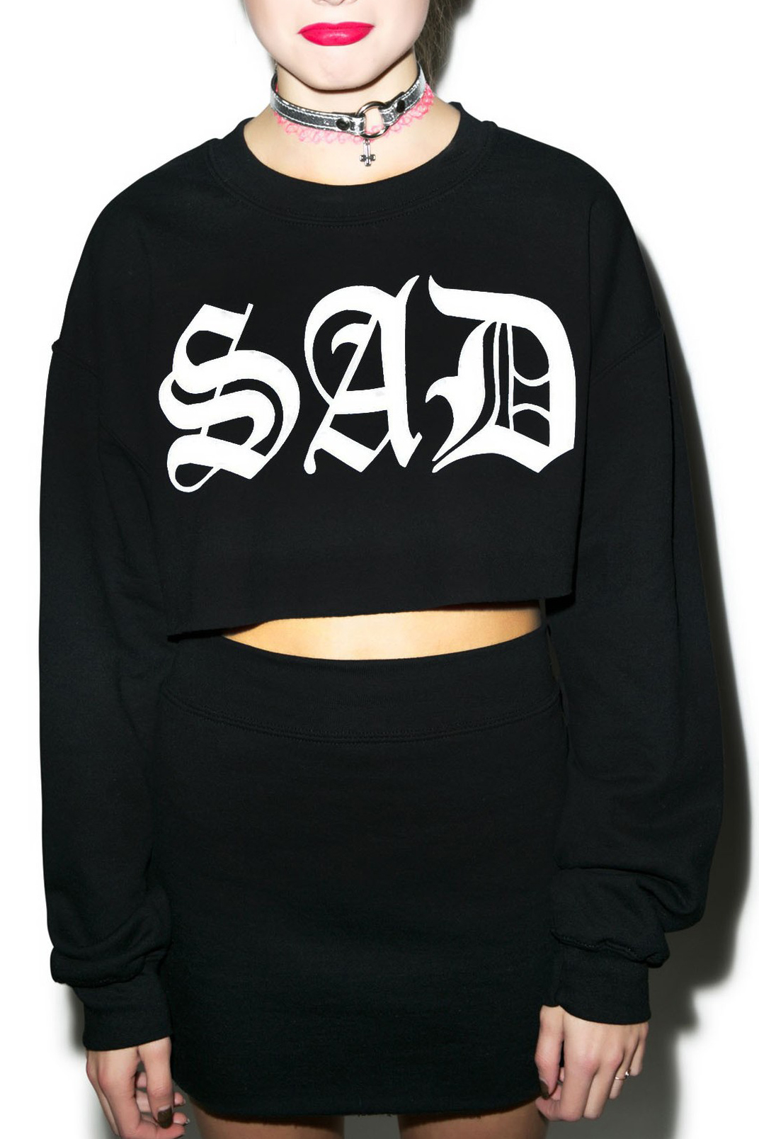 

Letter Print Cropped Sweatshirt with Bodycon Mini Skirt, Black
