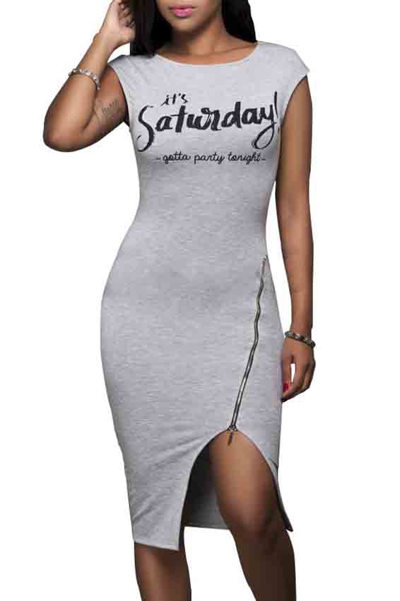 

Women Cap Sleeve Split Front Round Neck Letter Print Midi Pencil Dress, Gray