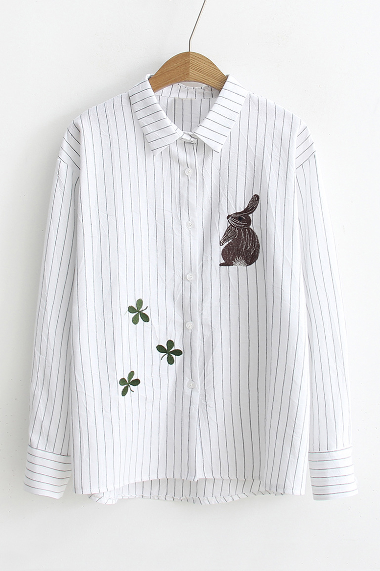 

Women's Basic Lapel Collar Long Sleeve Rabbit Embroidered Buttons Down, White