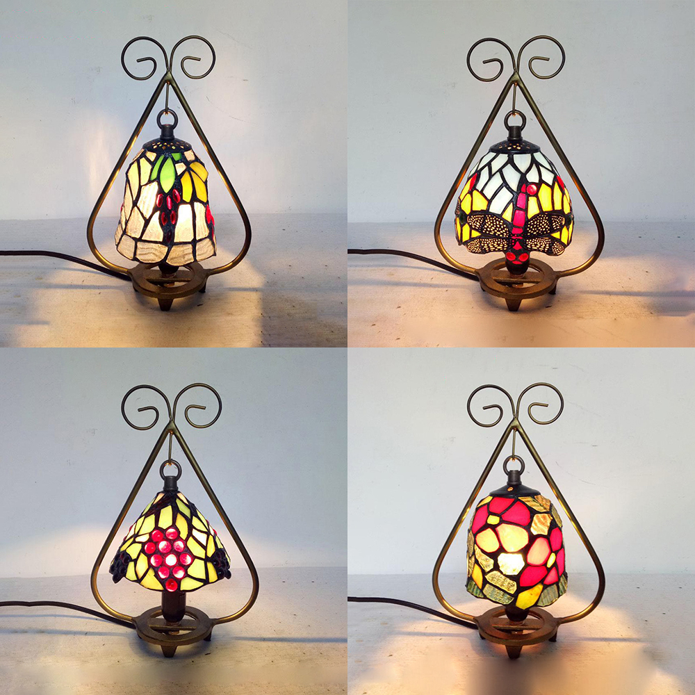 Tiffany Rustic Desk Light With Bead Dragonfly Flower Grape One