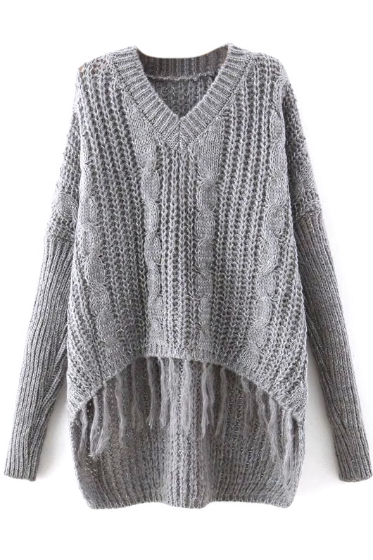 

Plain V-Neck Cable Knit Tassel Hem Dip Hem Sweater, Gray