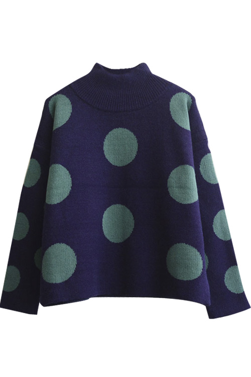 

High Neck Polka Dot Color Block Soft Pullover Sweater, Navy