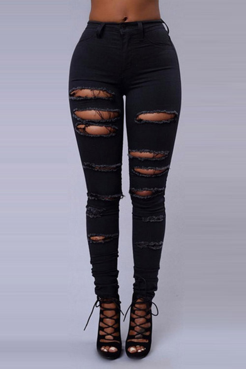 

Women's Distressed Ripped Denim Pencil Stretch Jeans, Black