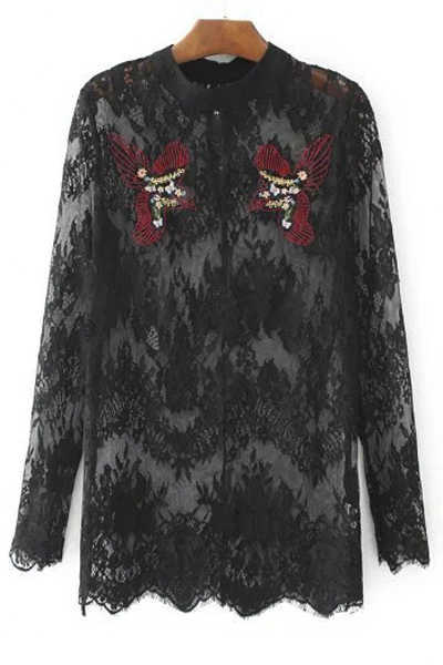 

Sexy Mesh Sheer Embroidery Birds Floral Pattern Wave Trim Blouse Top, Black