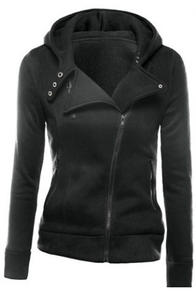 

Fashion Hooded Notched Lapel Oblique Zipper Placket Plain Zip Up, Black