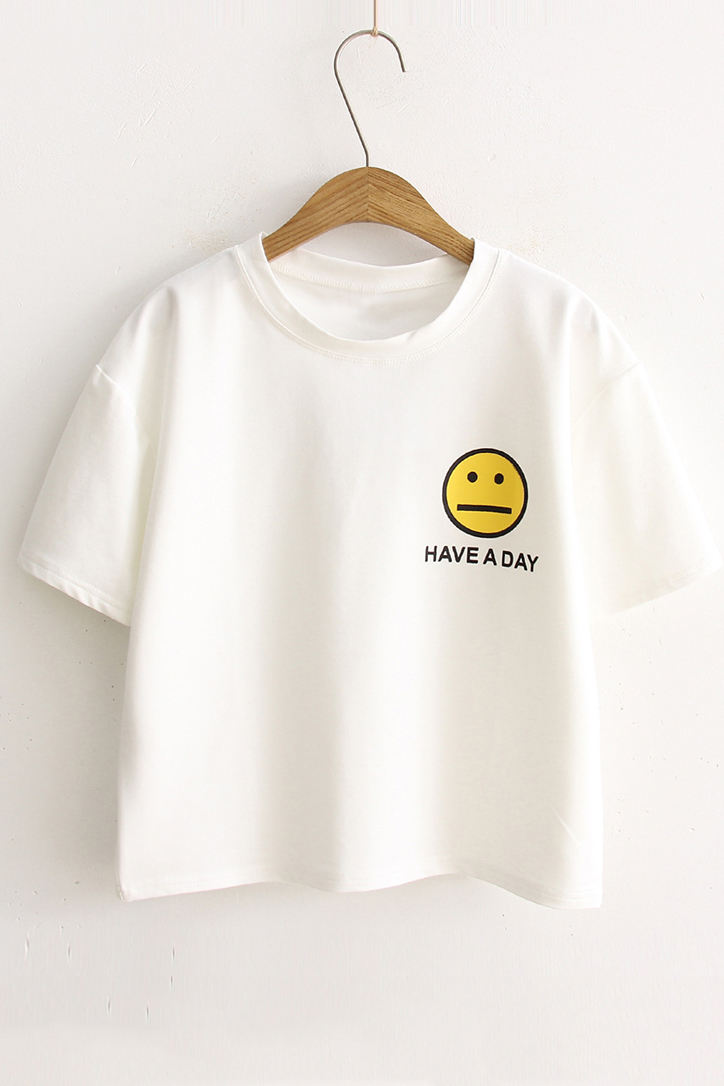 

Summer's Letter Happy Face Print Round Neck Short Sleeve Pullover, White