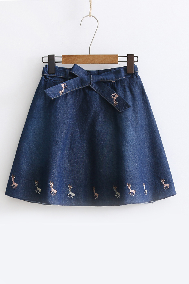 

Elastic Belt Waist Embroidery Deer Pattern Mini A-Line Denim Skirt, Blue