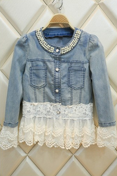 

New Stylish Lace Patchwork Single Breasted Collarless Denim Jacket, Blue