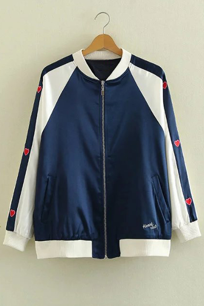 

Basic Stand Up Collar Long Sleeve Sweet Heart Embroidered Baseball, Blue