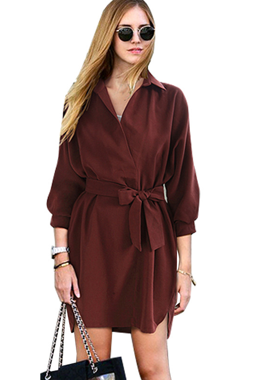 

Lapel Collar 3/4 Length Sleeve Plain Belted Waist Mini Shirt Dress, Burgundy