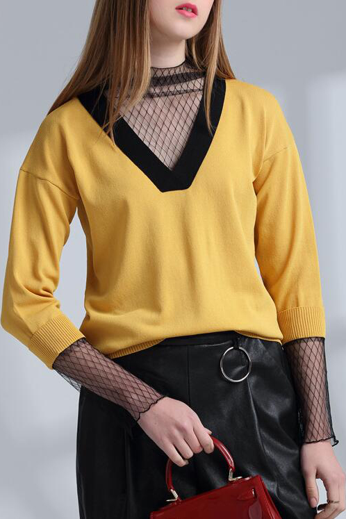 

Contrast V Neck Long Sleeve Hollow Out Mesh Inserted Pullover Sweater, Yellow