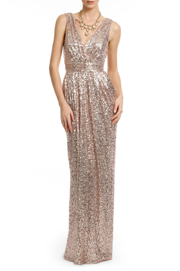 

Plunge Neck Sleeveless V Back Chic Sequined Maxi Party Dress, Gold