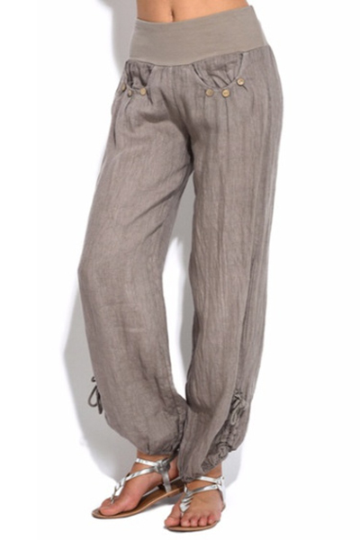 Womens Casual Linen Fashion Button Pocket Drawstring Cuff Plain Yoga  Trousers Baggy Wide-Leg Pants - Beautifulhalo.com