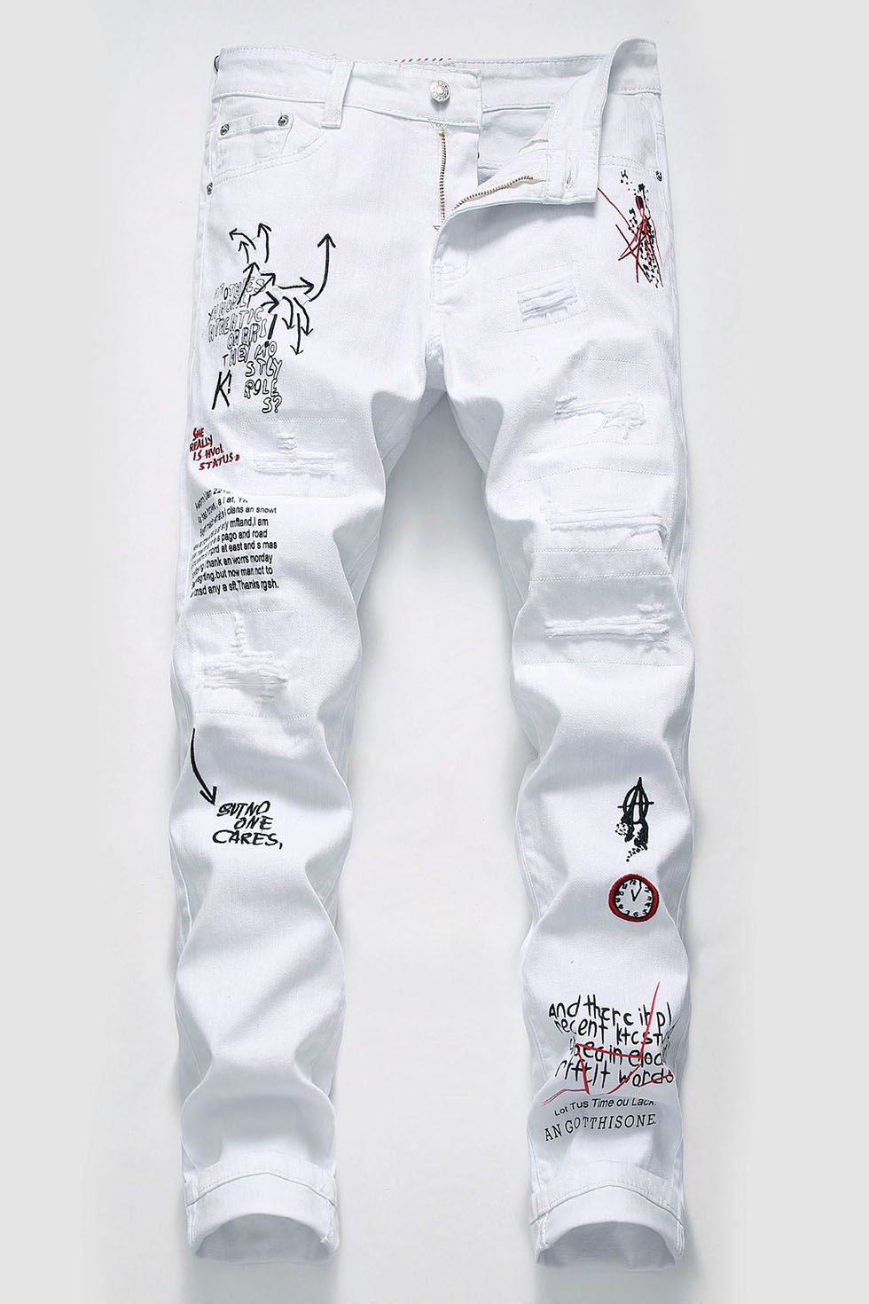 men letter embroidery ripped jeans