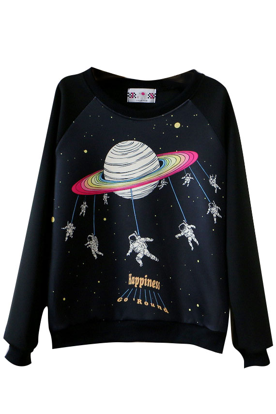 

Cartoon Planet and Astronauts Print Round Neck Long Sleeve Sweatshirt, White