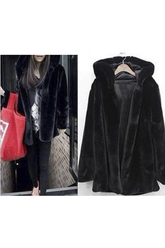 

Fashion Plain Hooded Long Sleeve Tunic Faux Fur Coat, Black