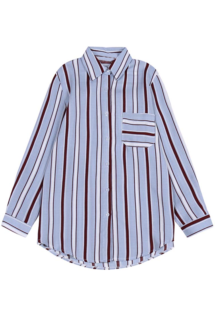 

Long Sleeve Stripe Print Buttons Down Women's Chic Shirt, Blue