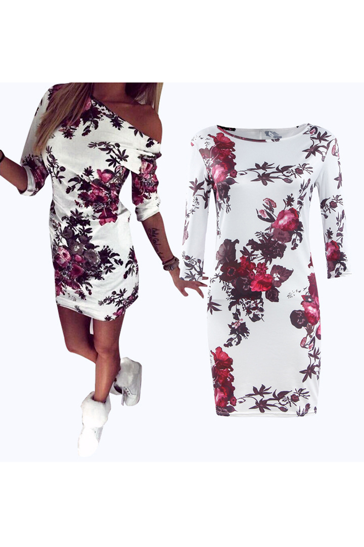 

Women's Fashion Boat Neck 3/4 Sleeve Floral Print Shift Dress, White