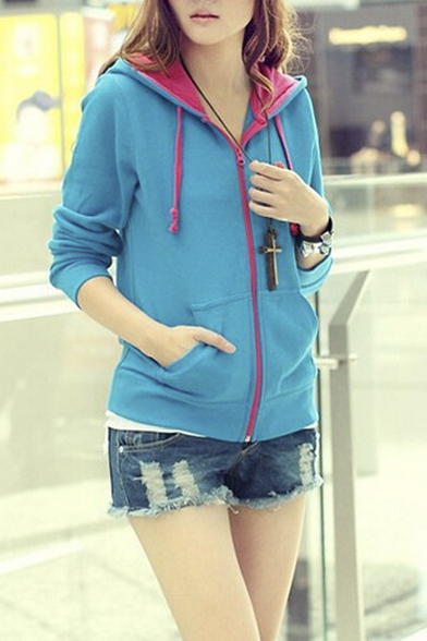 

Women's Zip Placket Hooded Casual Sport Color Block Coat, Blue