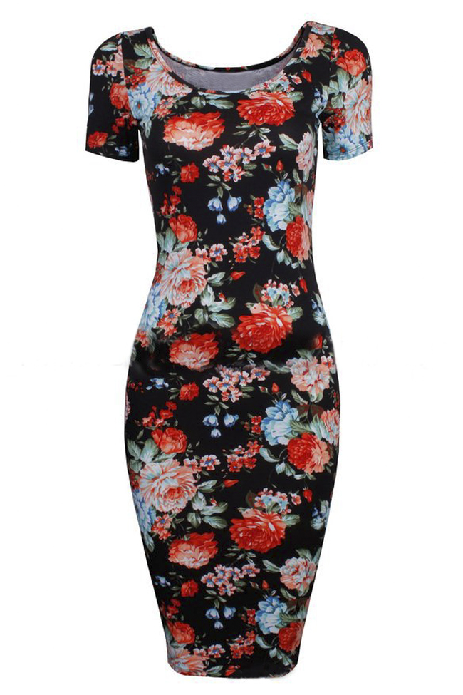 

Women's Floral Short Sleeve Midi Dress, Black