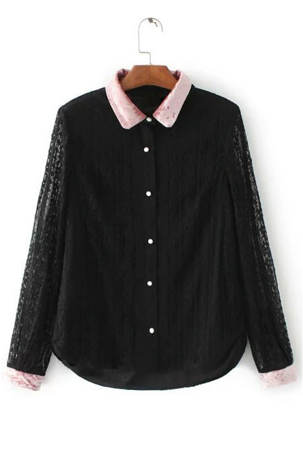 

Velvet Contrast Lapel Single Breasted Long Sleeve Lace Shirt, Black